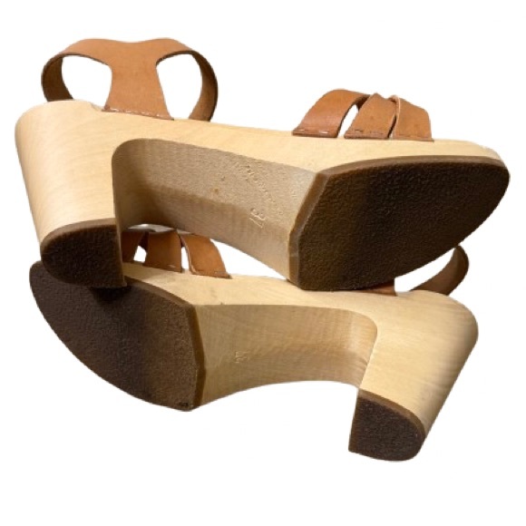 Swedish Hasbeens 80’s Strap Sandal Wood Clog Tan Brown EU 37 US 7 Boho Shoe - Picture 10 of 12